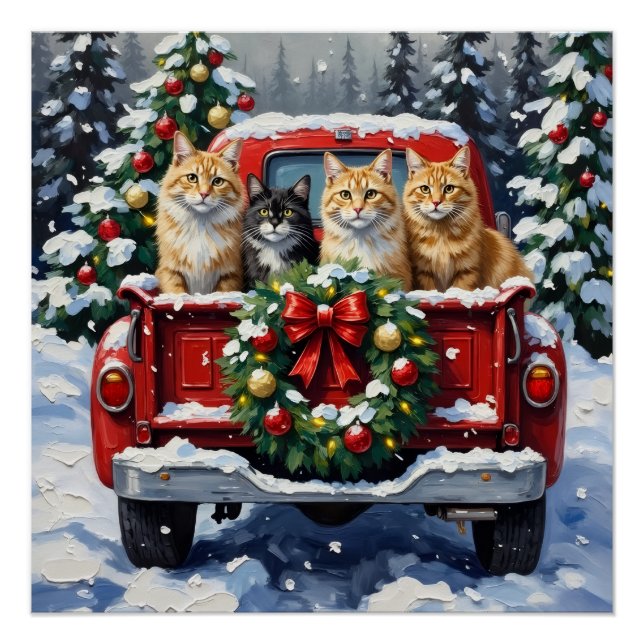 Siberian Cat Christmas Red Truck Holiday Poster (Front)