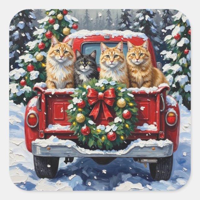 Siberian Cat Christmas Red Truck Holiday Square Sticker (Front)