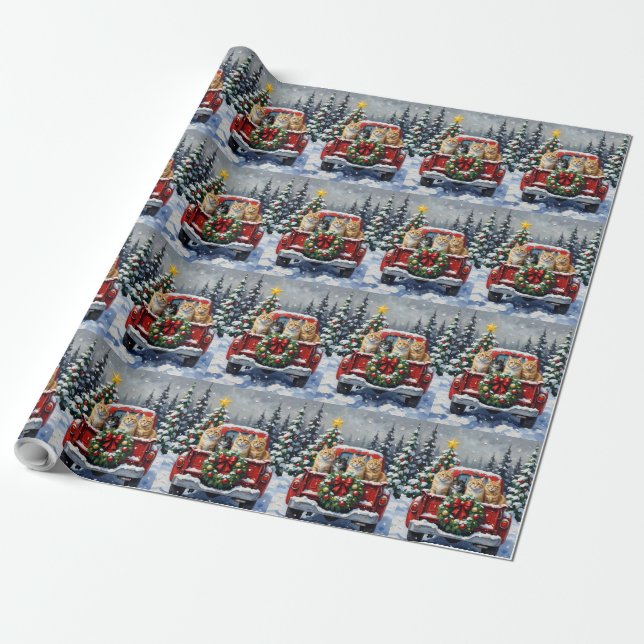 Siberian Cat Christmas Red Truck Holiday Wrapping Paper (Unrolled)