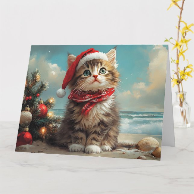 Siberian Cat Christmas Vintage Beach Card (Yellow Flower)