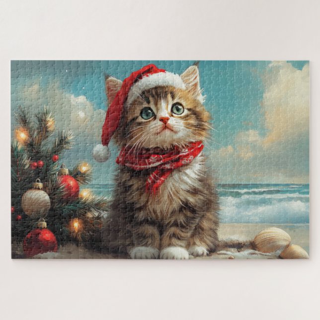 Siberian Cat Christmas Vintage Beach Jigsaw Puzzle (Horizontal)