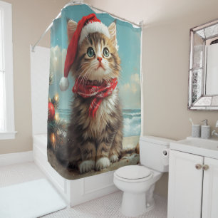 Siberian Cat Christmas Vintage Beach Shower Curtain