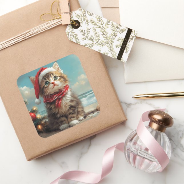 Siberian Cat Christmas Vintage Beach Square Sticker (Gifting)