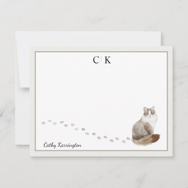 Siberian Cat Grey Border Monogram Name Card (Front)