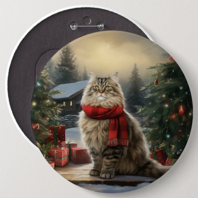 Siberian Cat in Snow Christmas 6 Cm Round Badge (Front & Back)