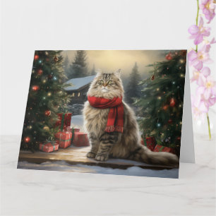 Siberian Cat in Snow Christmas Card