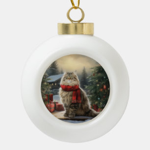 Siberian Cat in Snow Christmas Ceramic Ball Christmas Ornament