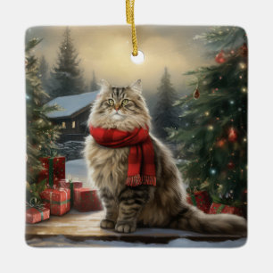 Siberian Cat in Snow Christmas Ceramic Ornament