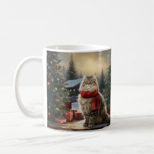 Siberian Cat in Snow Christmas Coffee Mug (Left)