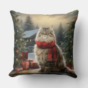 Siberian Cat in Snow Christmas Cushion