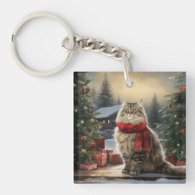Siberian Cat in Snow Christmas Key Ring (Front)