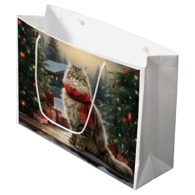 Siberian Cat in Snow Christmas Large Gift Bag (Front Angled)