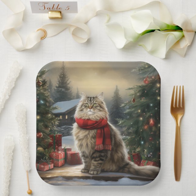 Siberian Cat in Snow Christmas Paper Plate (Wedding)