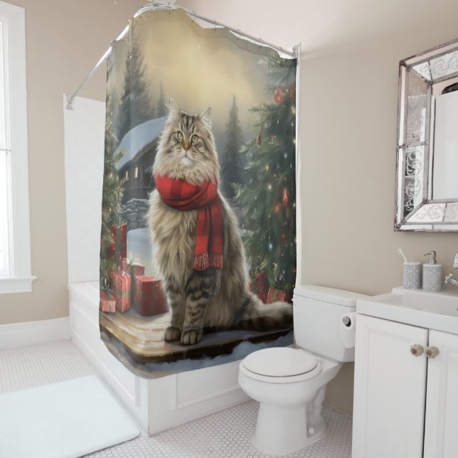 Siberian Cat in Snow Christmas Shower Curtain (In Situ)