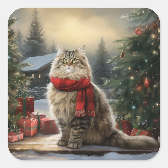 Siberian Cat in Snow Christmas Square Sticker (Front)