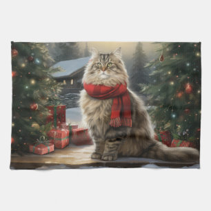 Siberian Cat in Snow Christmas Tea Towel