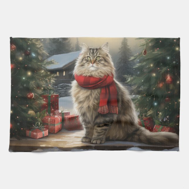 Siberian Cat in Snow Christmas Tea Towel (Horizontal)