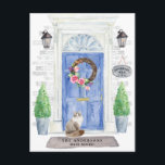 Siberian Cat Moving Announcement Postcard<br><div class="desc">Announce your new address with our stylish announcement featuring a Siberian cat,  blue front door,  welcome mat,  slate sign,  topiaries and a floral wreath set on a grey brick background.</div>