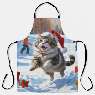 Siberian Cat Running in Snow with Christmas Hat Apron