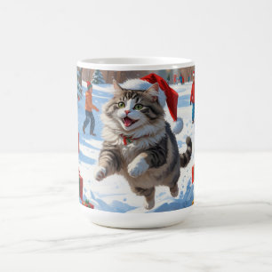 Siberian Cat Running in Snow with Christmas Hat Coffee Mug
