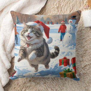 Siberian Cat Running in Snow with Christmas Hat Cushion