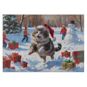 Siberian Cat Running in Snow with Christmas Hat Cutting Board