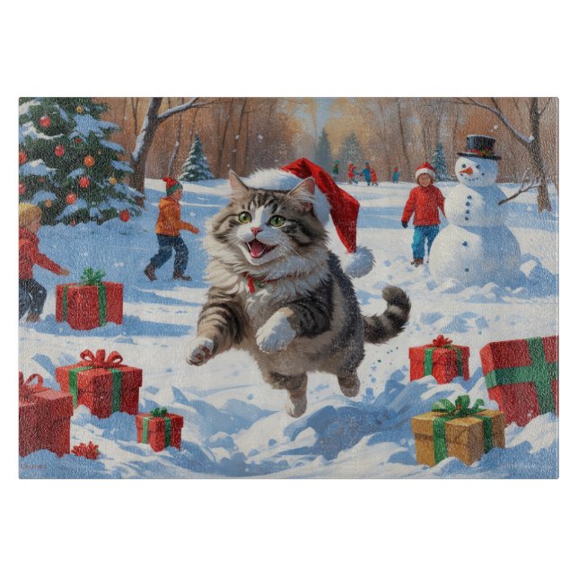 Siberian Cat Running in Snow with Christmas Hat Cutting Board (Front)