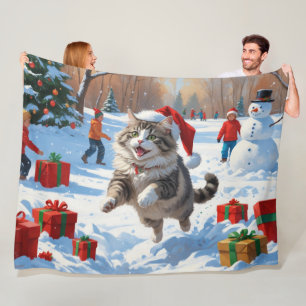 Siberian Cat Running in Snow with Christmas Hat Fleece Blanket