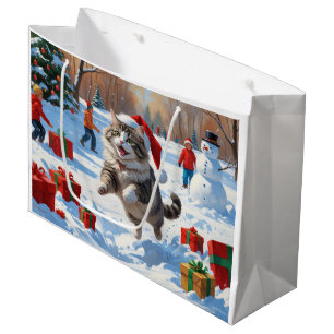 Siberian Cat Running in Snow with Christmas Hat Large Gift Bag