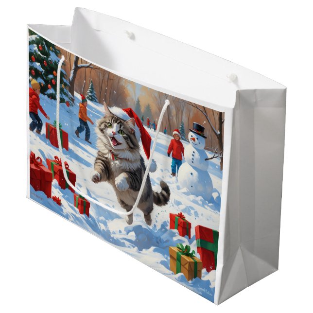 Siberian Cat Running in Snow with Christmas Hat Large Gift Bag (Front Angled)
