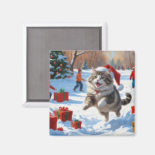 Siberian Cat Running in Snow with Christmas Hat Magnet