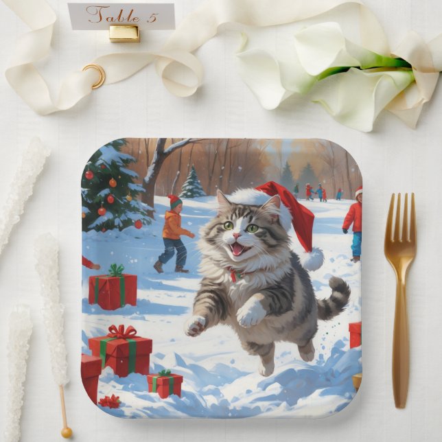 Siberian Cat Running in Snow with Christmas Hat Paper Plate (Wedding)
