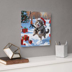 Siberian Cat Running in Snow with Christmas Hat Square Wall Clock