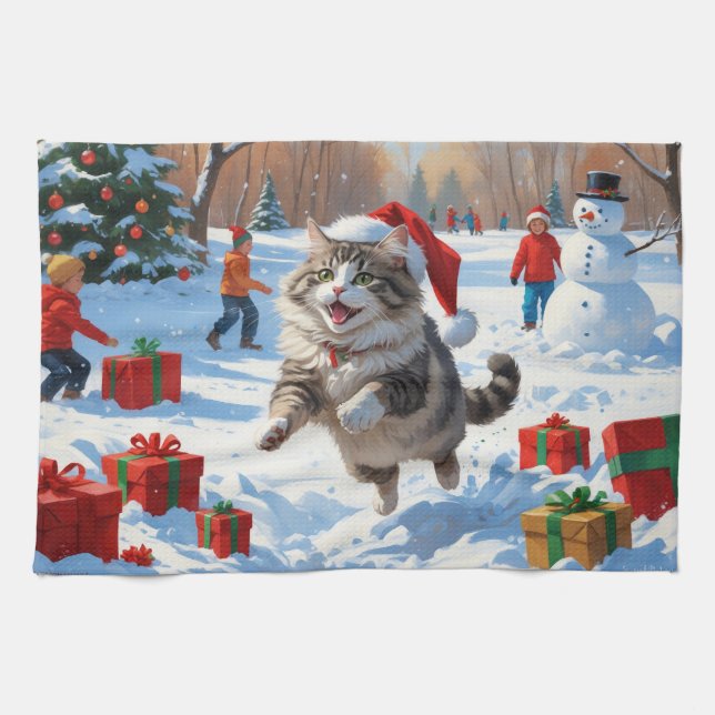 Siberian Cat Running in Snow with Christmas Hat Tea Towel (Horizontal)