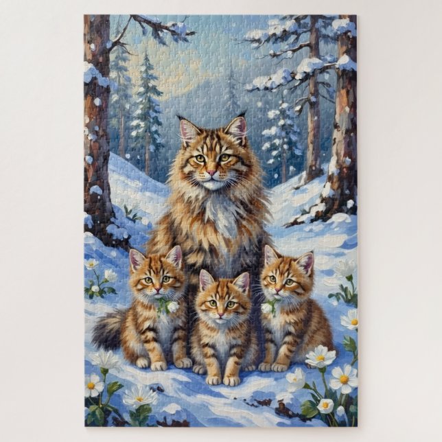 Siberian Cat Snow Forest Bloom Art Jigsaw Puzzle (Vertical)