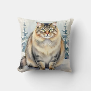 Siberian Cat Watercolor Frost Pattern Art Cushion