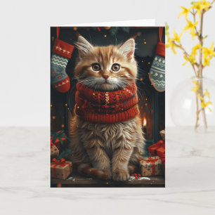 Siberian Cat With Christmas Gifts Fireplace Card
