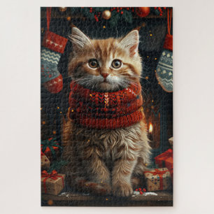 Siberian Cat With Christmas Gifts Fireplace  Jigsaw Puzzle