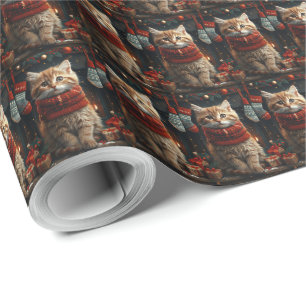 Siberian Cat With Christmas Gifts Fireplace  Wrapping Paper