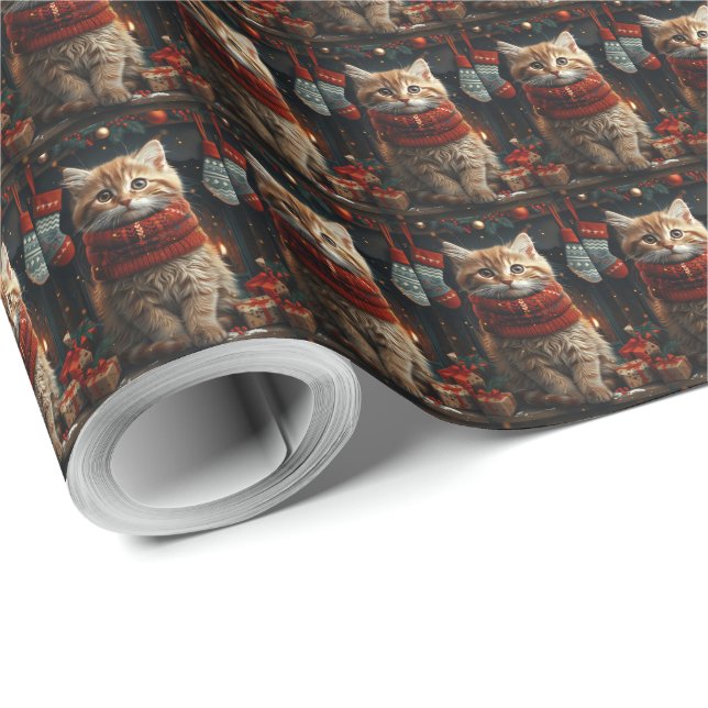 Siberian Cat With Christmas Gifts Fireplace  Wrapping Paper (Roll Corner)