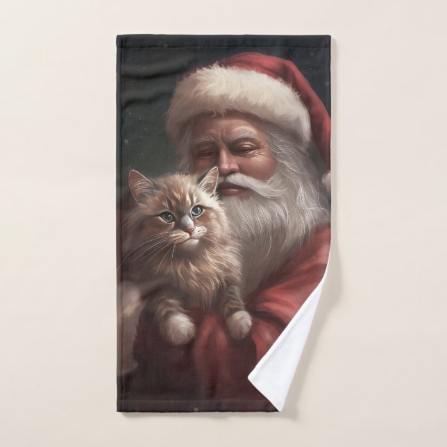 Siberian Cat With Santa Claus Festive Christmas  Bath Towel Set (Hand Towel)
