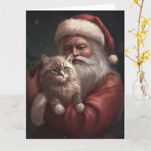 Siberian Cat With Santa Claus Festive Christmas  Card