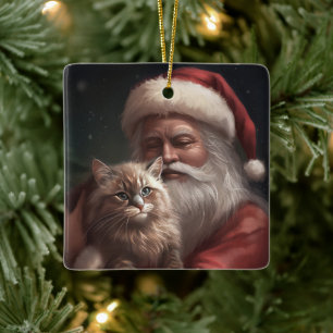 Siberian Cat With Santa Claus Festive Christmas  Ceramic Ornament