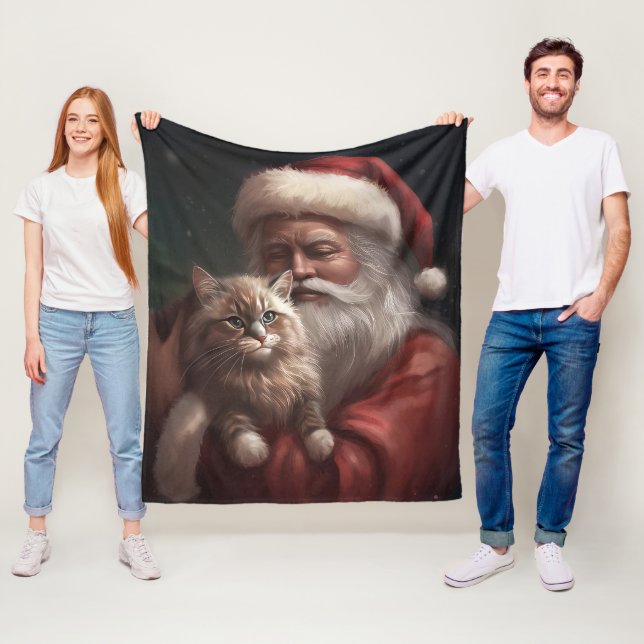 Siberian Cat With Santa Claus Festive Christmas  Fleece Blanket (In Situ)