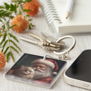 Siberian Cat With Santa Claus Festive Christmas Key Ring
