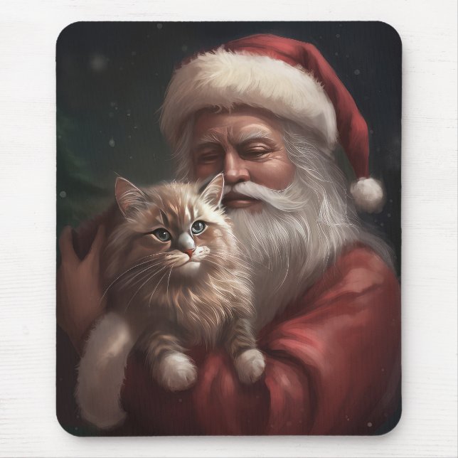 Siberian Cat With Santa Claus Festive Christmas  Mouse Mat (Front)