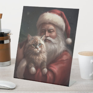 Siberian Cat With Santa Claus Festive Christmas  Pedestal Sign