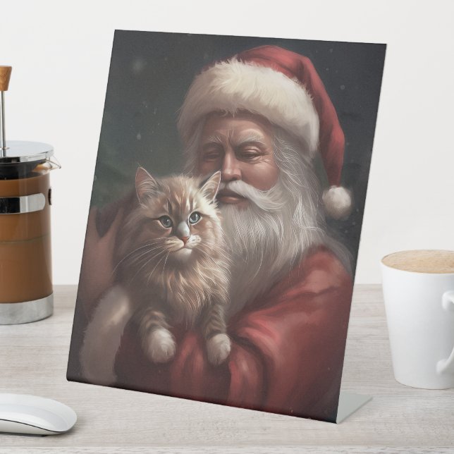 Siberian Cat With Santa Claus Festive Christmas  Pedestal Sign (In SItu)