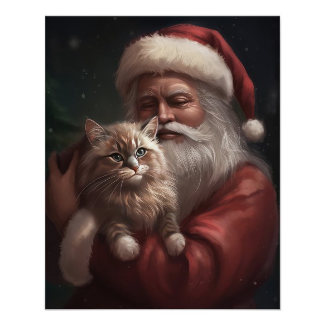 Siberian Cat With Santa Claus Festive Christmas  Poster (Front)