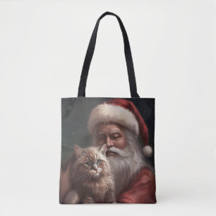 Siberian Cat With Santa Claus Festive Christmas Tote Bag